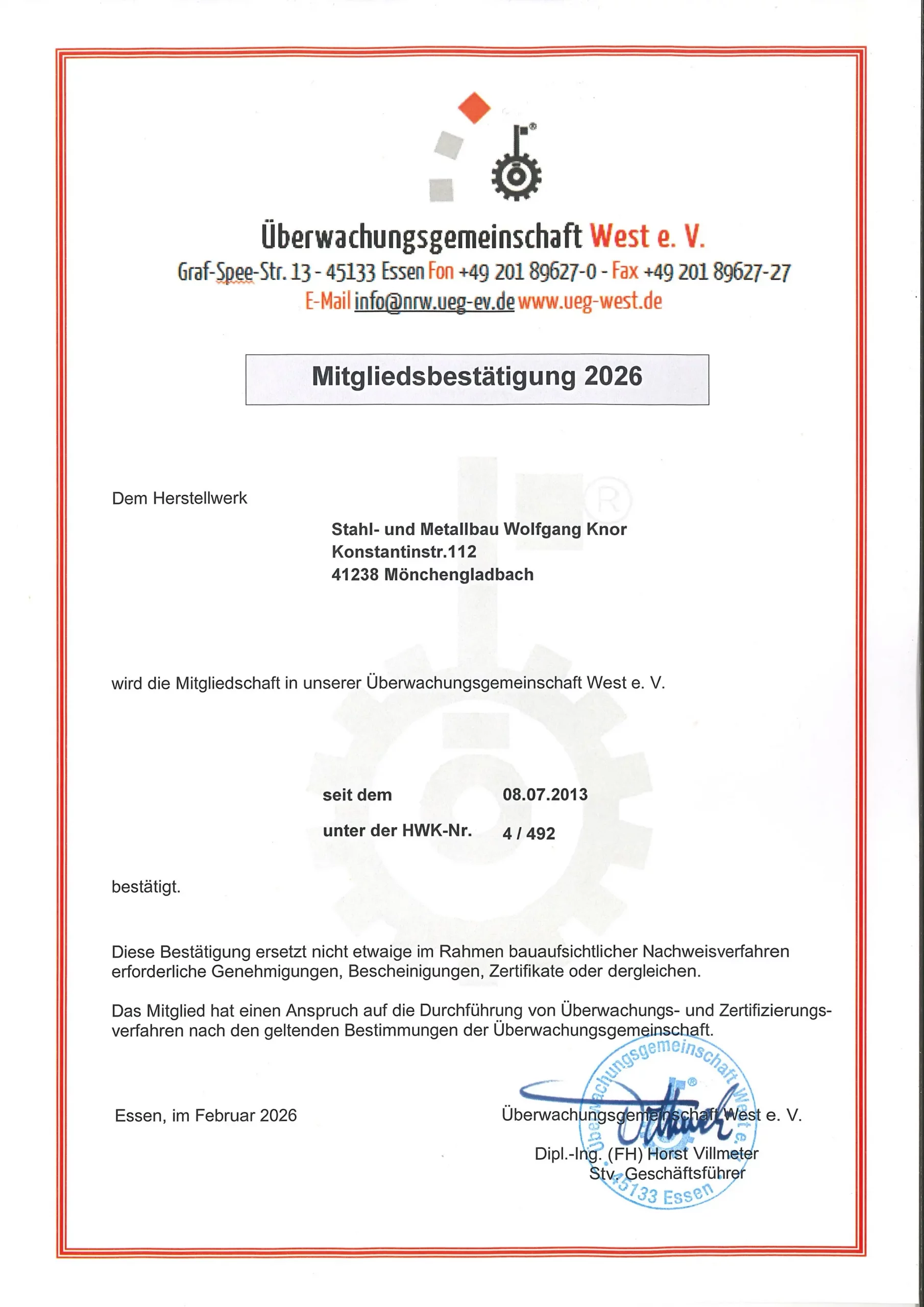 Mitgliedsbestätigung der Überwachungsgemeinschaft